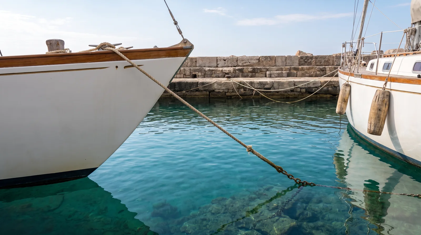 Eine Muringleine führt aus klarem Wasser zum Bug einer Segelyacht an einer Steinpier