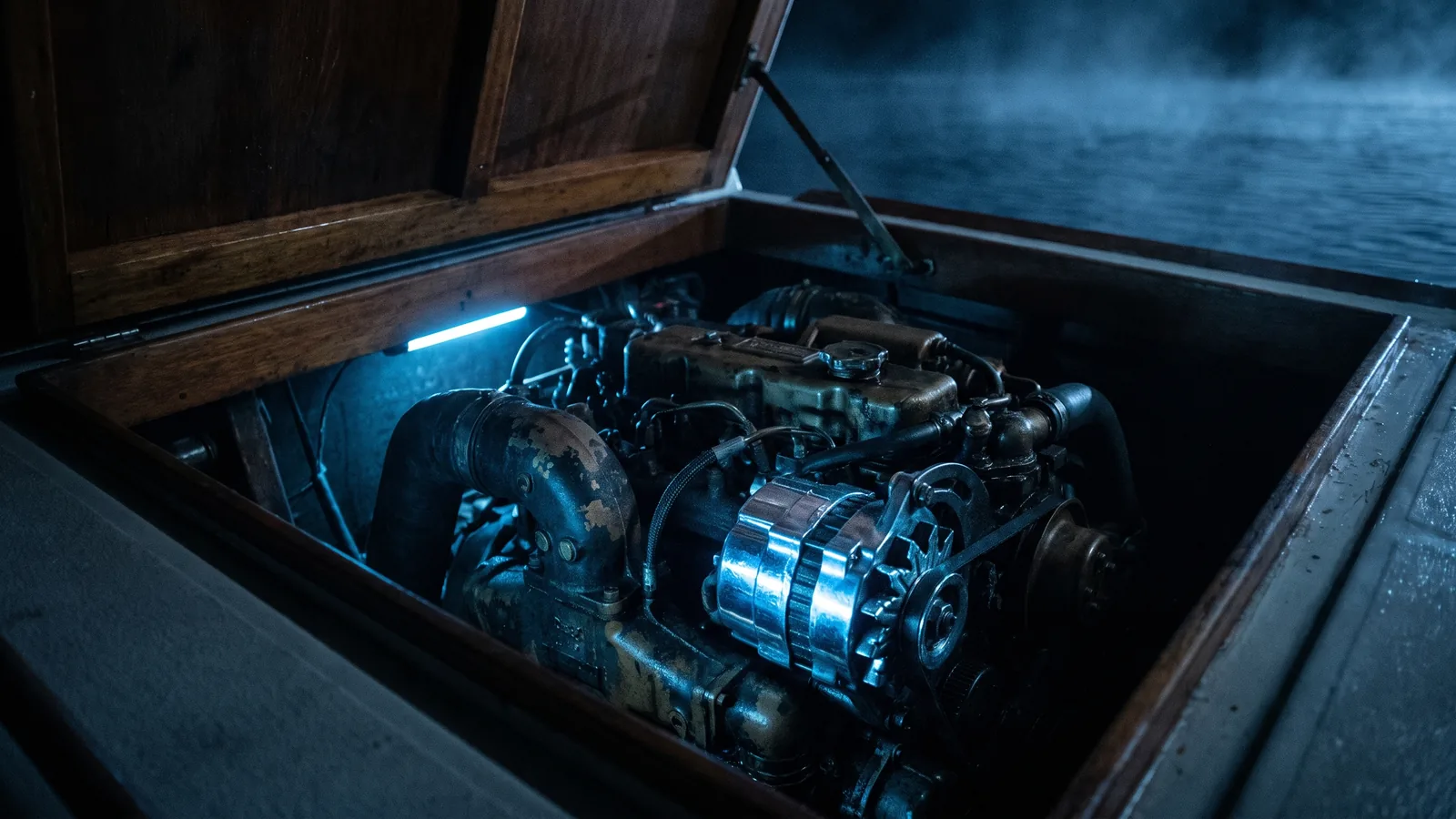 Offene Motorluke einer Motoryacht in der Nacht, zwischen älteren Teilen glänzt ein neues