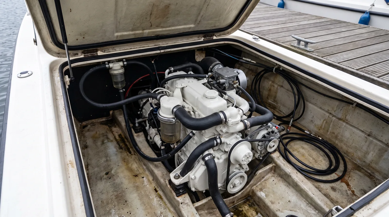 Offener Motorraum eines gepflegten Motorboots mit sauberem Einbaumotor, Kühlschläuchen, Schellen und Seewasserfilter am Steg