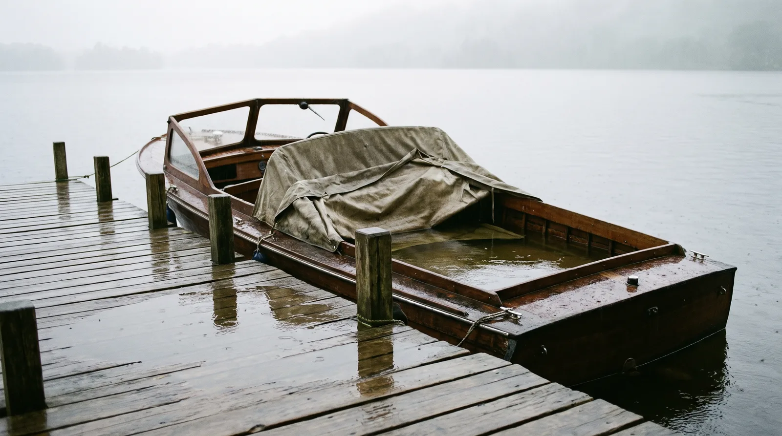 Gepflegtes offenes Holzmotorboot am nassen Steg im Regen, das Cockpit unter der verrutschten Plane voll Regenwasser
