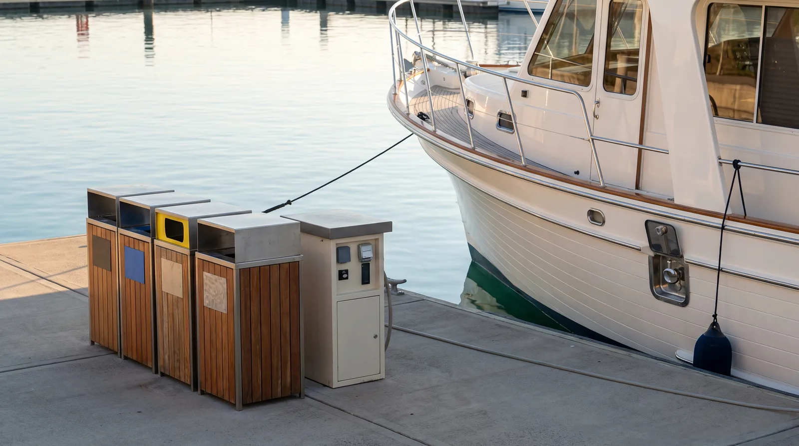 Steg mit Mülltrennung und Absauganlage für den Fäkalientank neben einer Motoryacht im Hafen