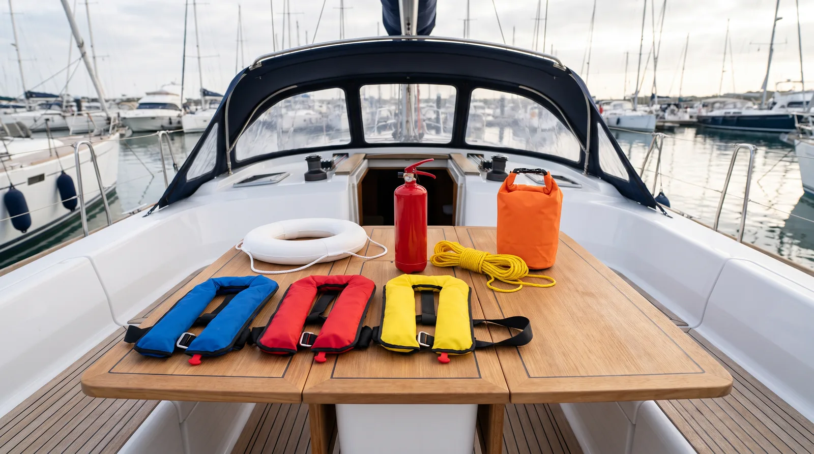 Rettungswesten, Feuerlöscher, Rettungsring und Notfalltasche im Cockpit einer Segelyacht