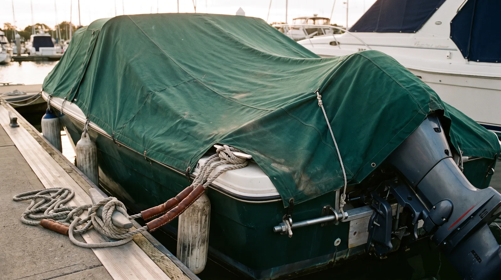 Abgedecktes Motorboot am Steg mit gesichertem Außenborder und sauber belegten Leinen