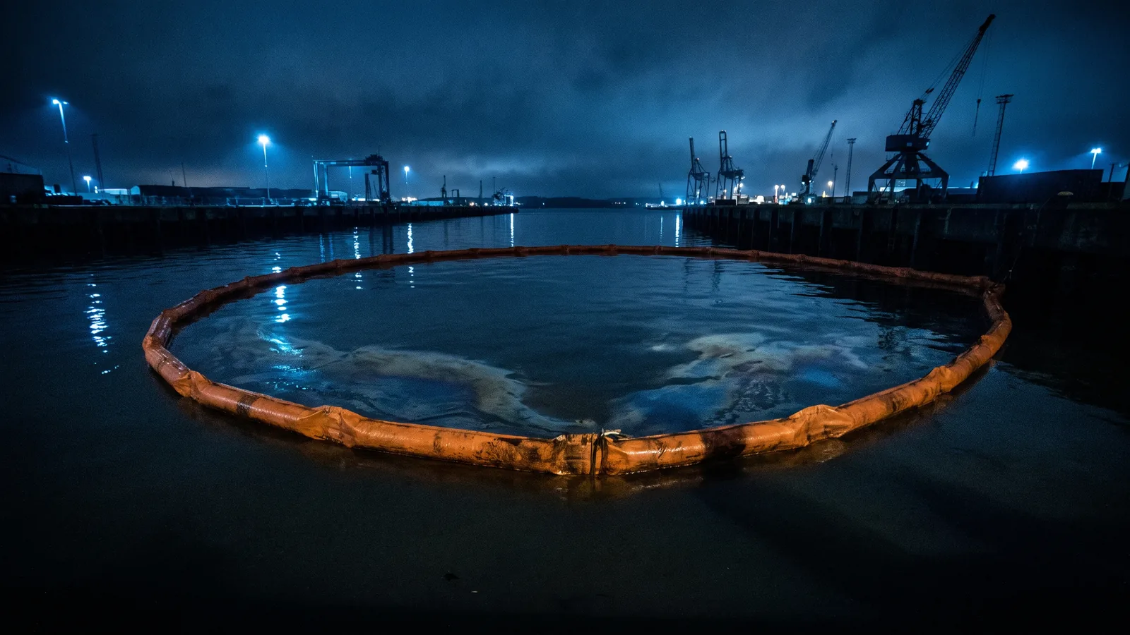 Eine orange Ölsperre bildet einen Ring auf dunklem, ruhigem Hafenwasser