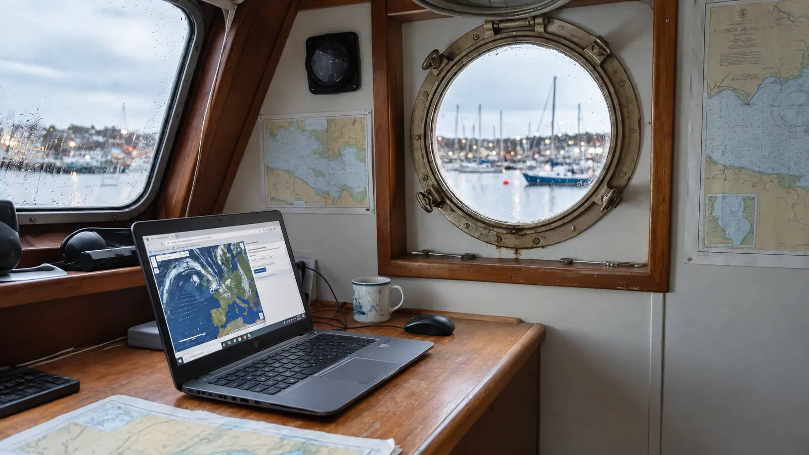 Ein Laptop auf dem Kajüttisch, daneben liegen die Bootspapiere im Tageslicht