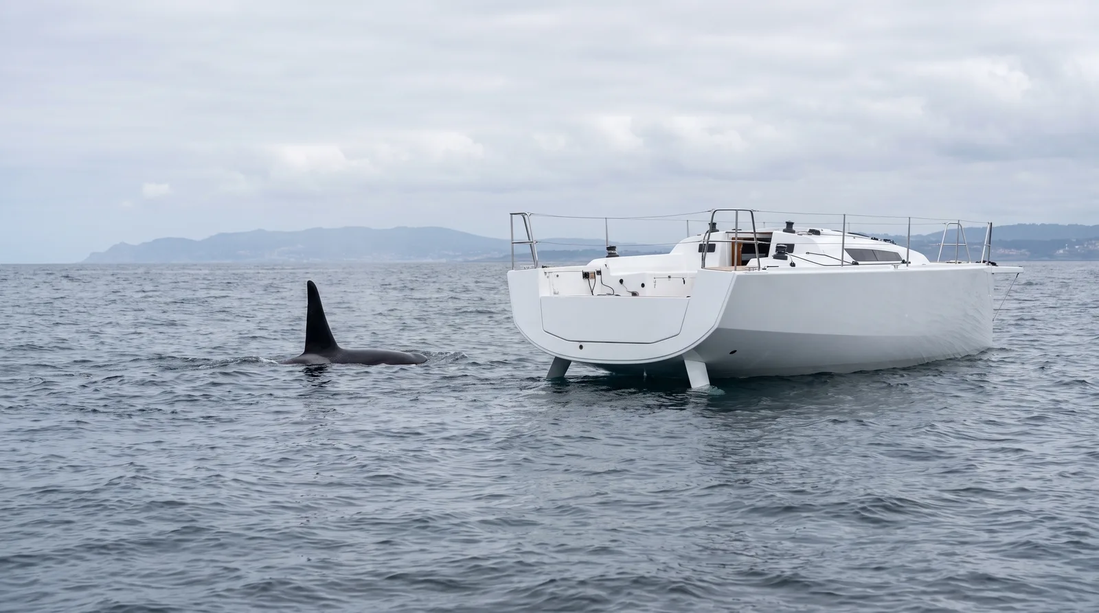 Rückenflosse eines Schwertwals im Atlantik nahe am Heck einer Segelyacht