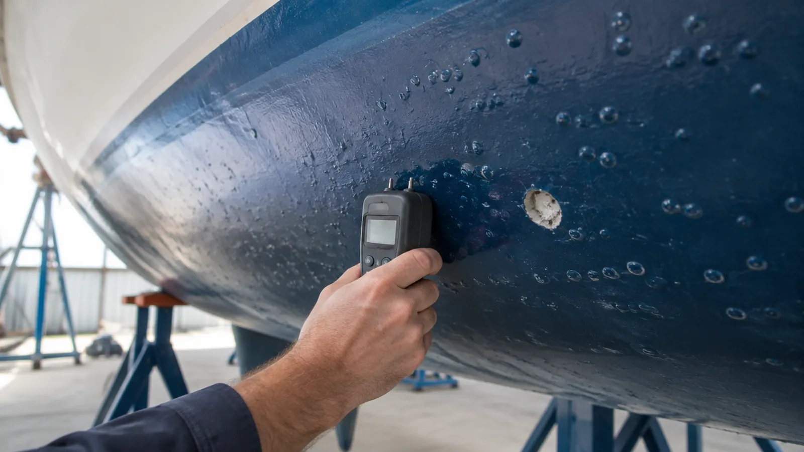 Osmoseblasen im Gelcoat am Unterwasserschiff einer aufgebockten Yacht, ein Gutachter misst die Feuchte