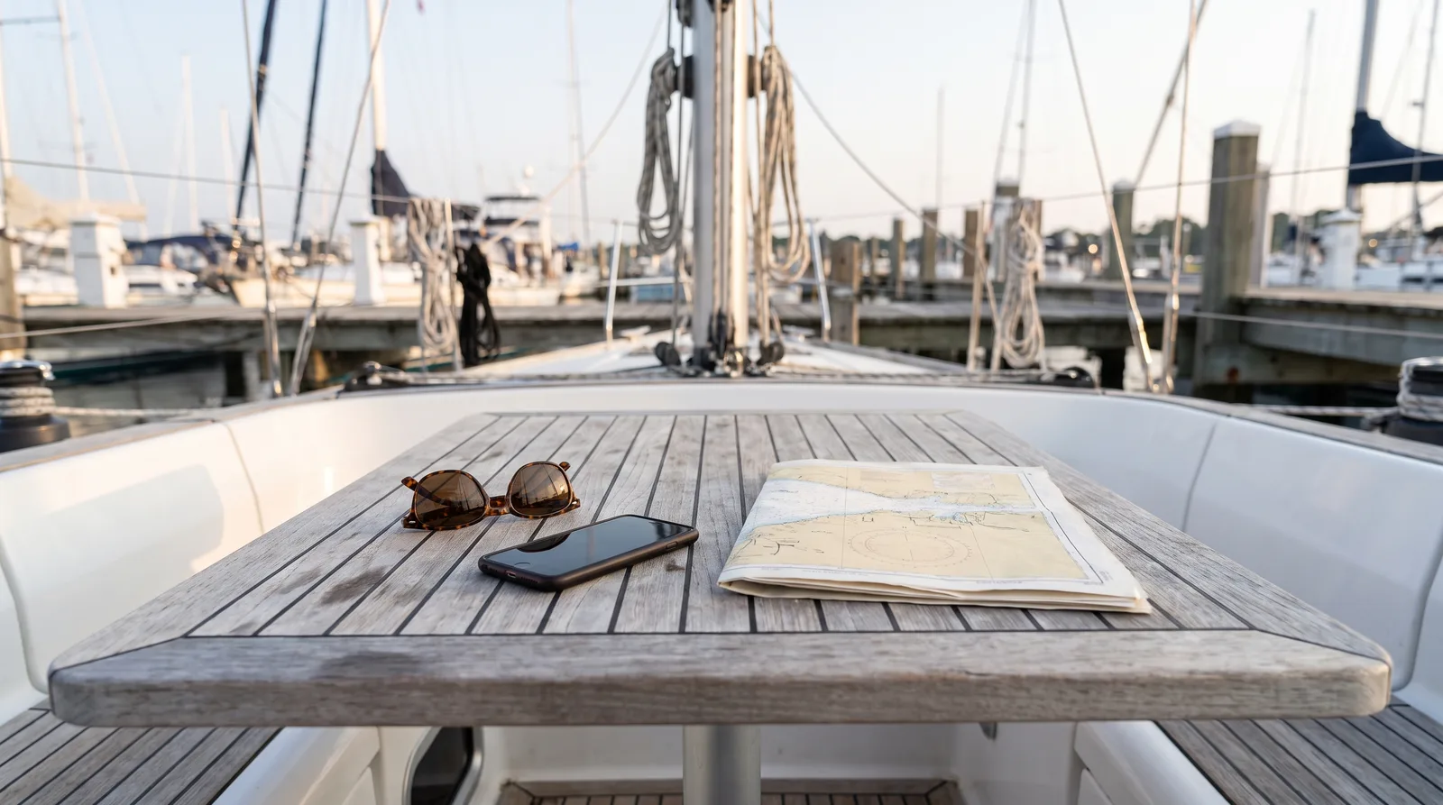 Sonnenbrille, Smartphone und Seekarte auf dem Cockpittisch einer gepflegten Segelyacht im Hafen