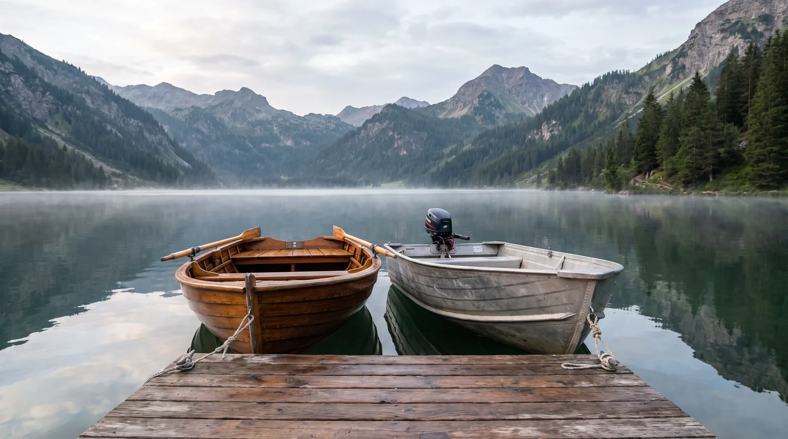 Ruderboot und kleine Zille mit Außenborder an einem Holzsteg an einem Bergsee