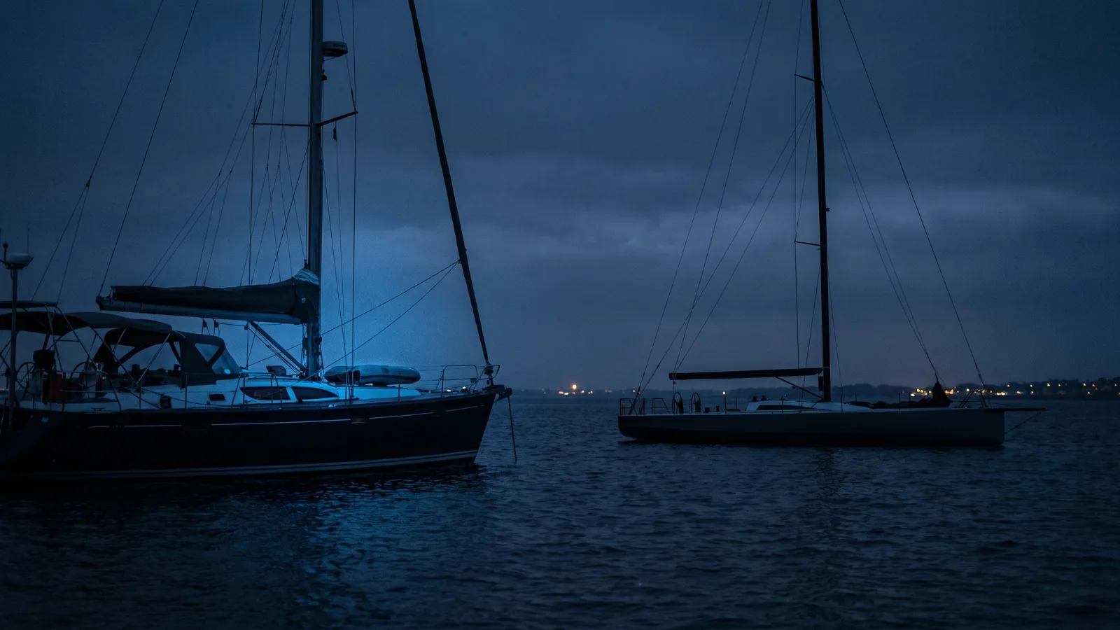 Eine Fahrtenyacht mit Startnummer und daneben ein nacktes Rennboot auf stillem Wasser