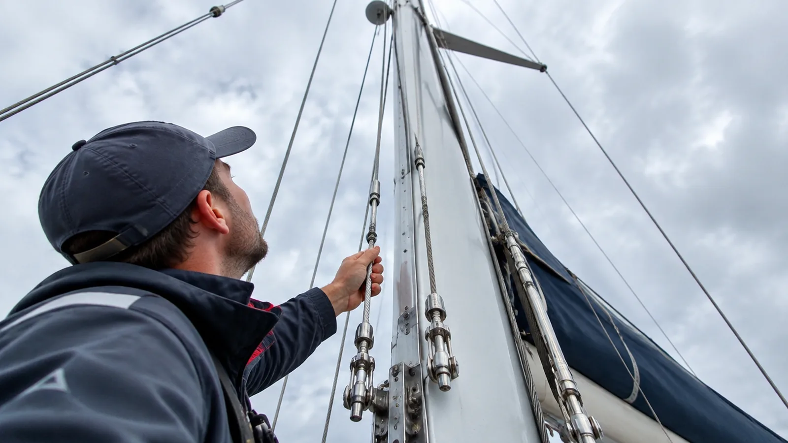 Ein Rigger prüft am Mast einer Segelyacht die Spannung der Wanten