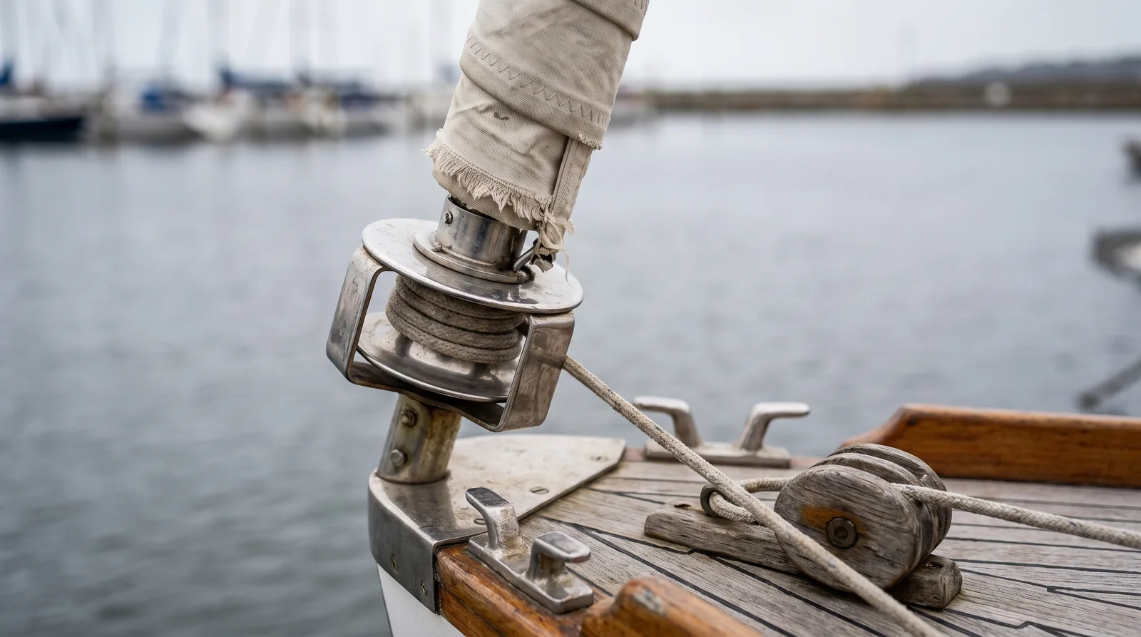 Rollreffanlage am Bug einer Segelyacht mit Trommel, Reffleine und ausgefranster Genua