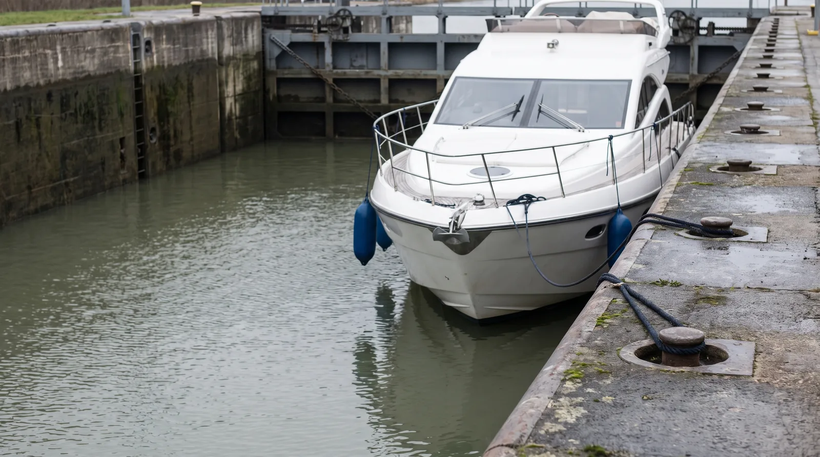 Gepflegte Motoryacht mit Fendern in einer Flussschleuse, Leinen an Pollern auf der nassen Schleusenmauer