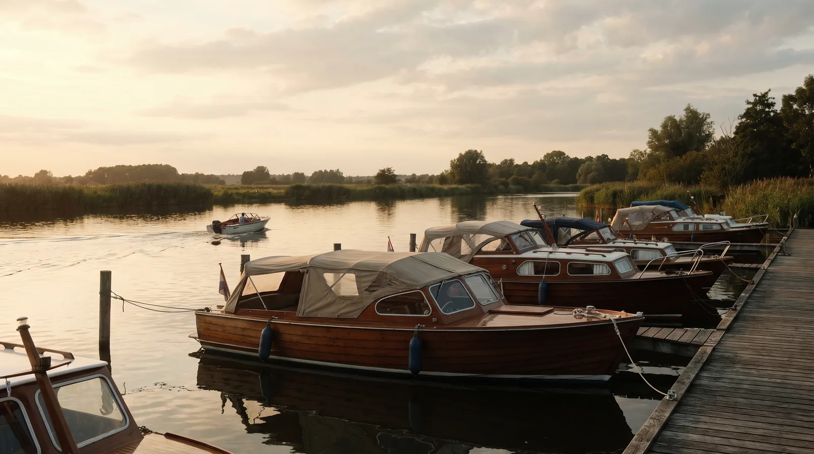 Klassische Motorboote am Holzsteg eines Binnenhafens, draußen zieht ein Boot mit Bugwelle vorbei