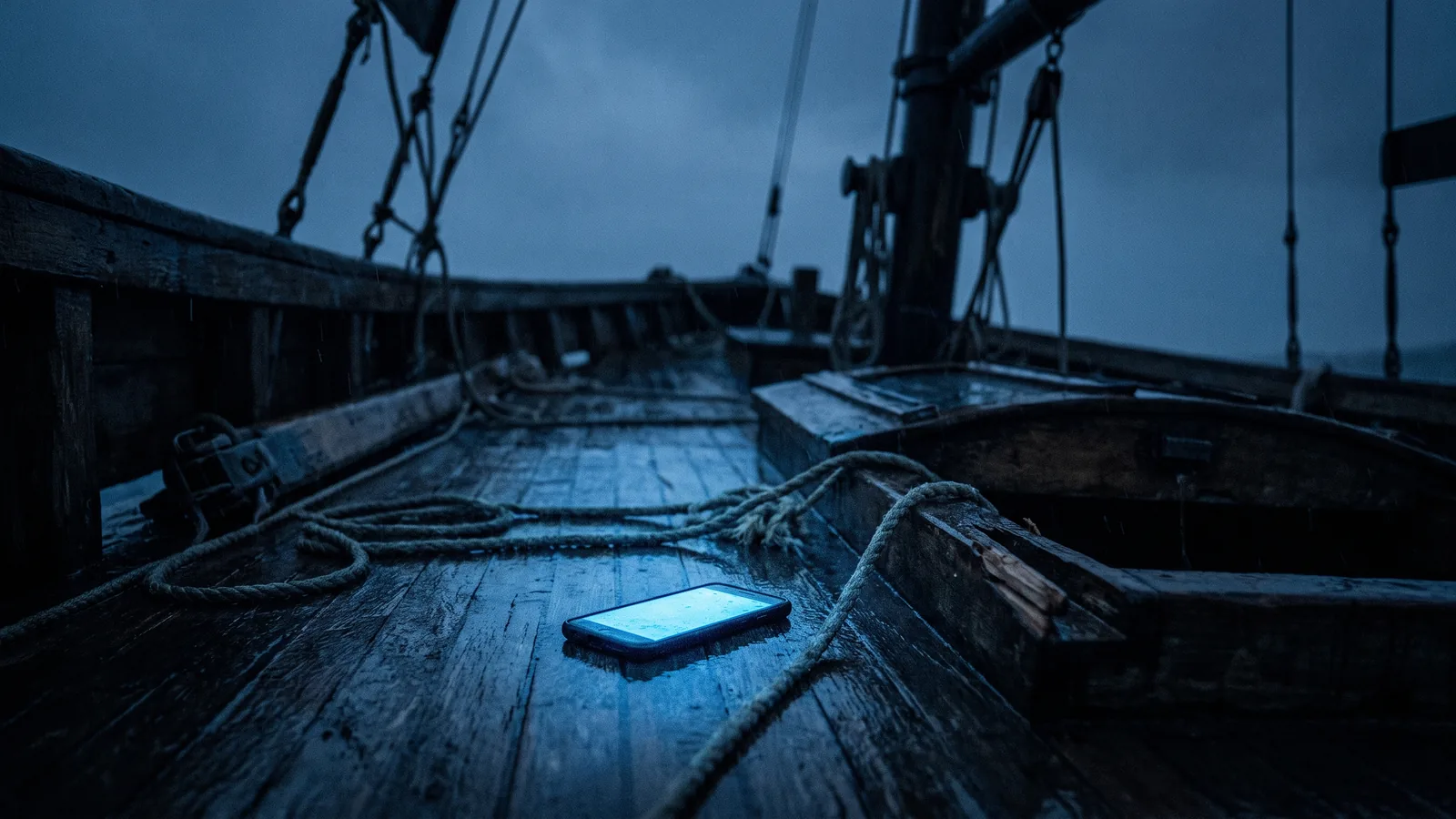 Ein Handy fotografiert bei Regen den aufgerissenen Bug eines Bootes am Steg