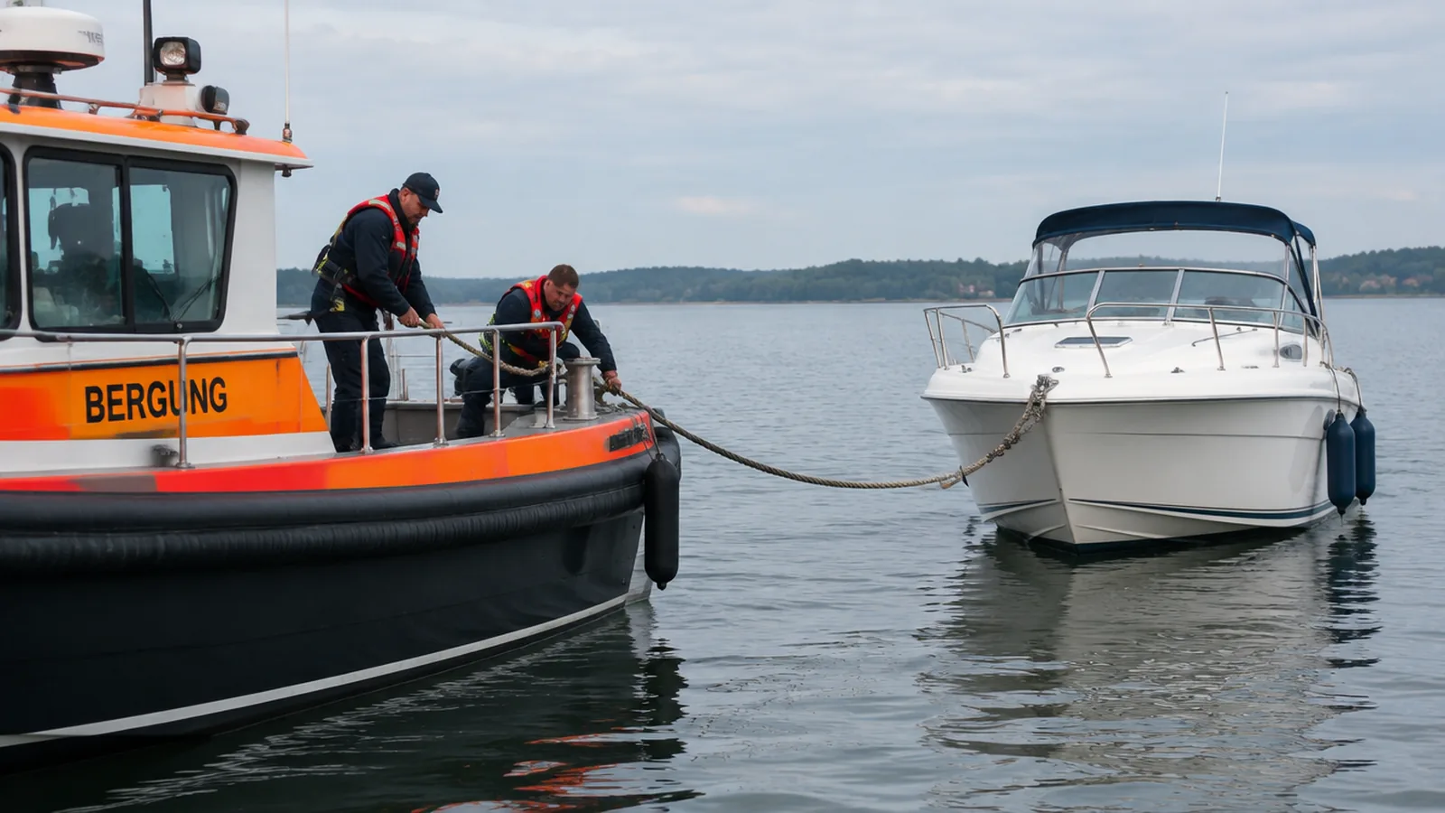 Ruhiges Wasser, ein Arbeitsboot liegt neben einem Motorboot und übernimmt die Schleppleine