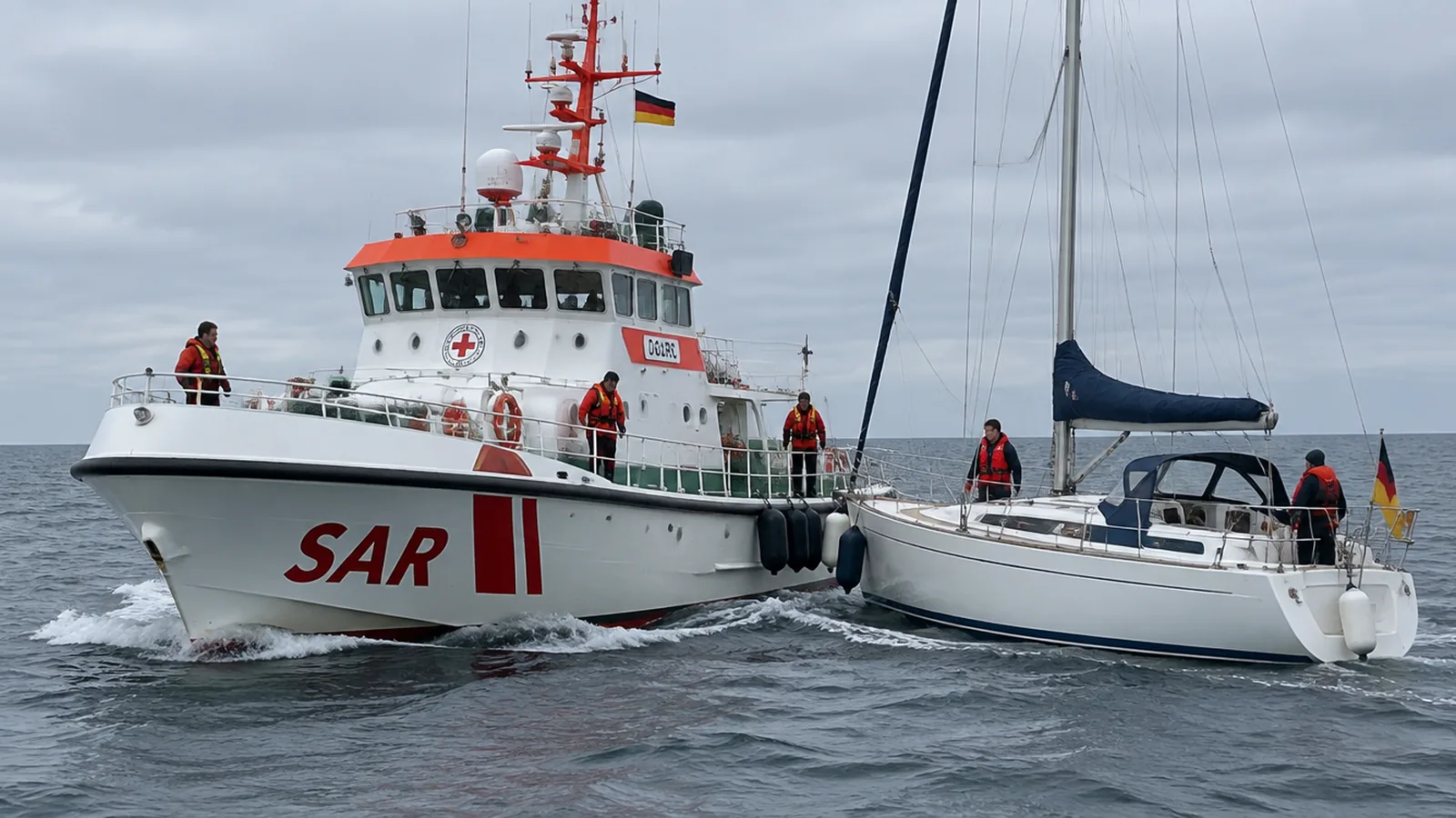 Ein Rettungskreuzer geht bei leichter Dünung längsseits an eine Segelyacht