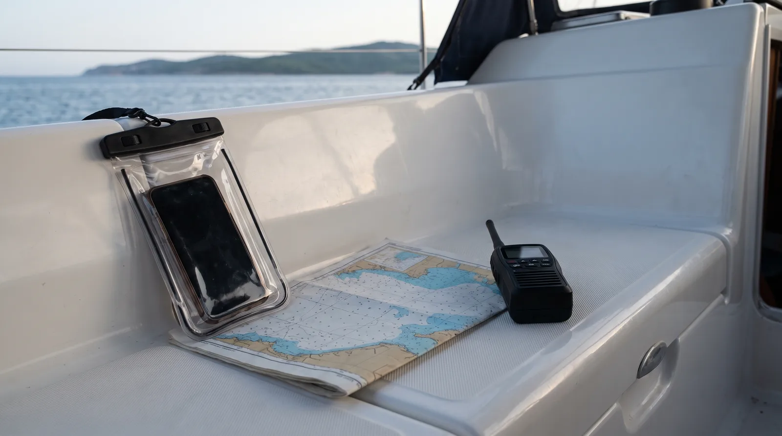 Smartphone in wasserdichter Hülle neben Seekarte und Handfunkgerät im Cockpit