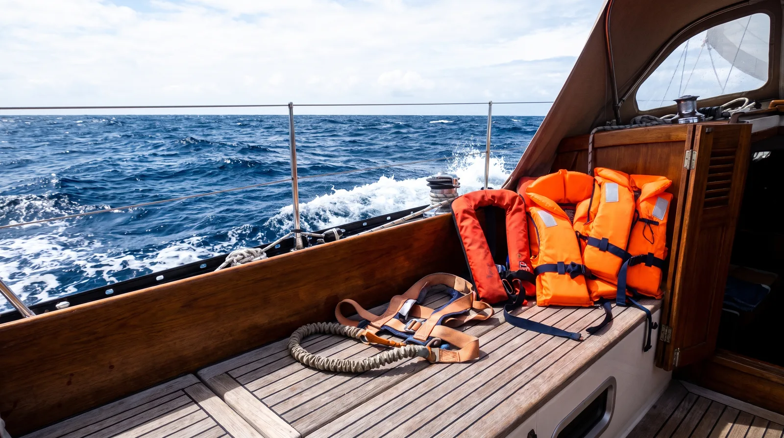 Orange Rettungswesten und ein Sicherheitsgurt auf der Cockpitbank einer Segelyacht auf bewegter See