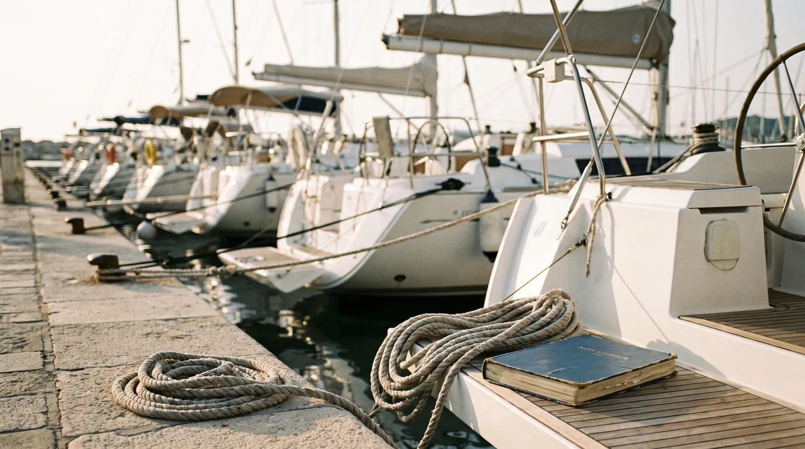 Ein aufgeschossener Festmacher und ein Logbuch auf dem Heck einer Charteryacht in einer Marina mit vielen gleichen Booten