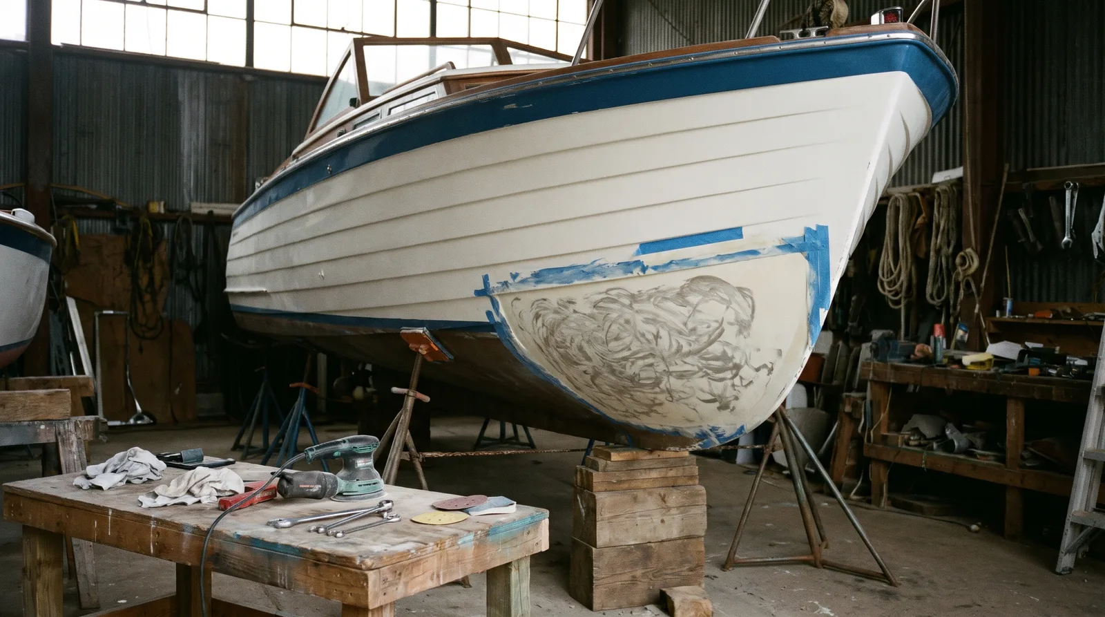 Motorboot auf Pallböcken in einer Werfthalle, am Bug eine frisch geschliffene Reparaturstelle mit Klebeband, davor ein Werktisch mit Schleifmaschine und Werkzeug