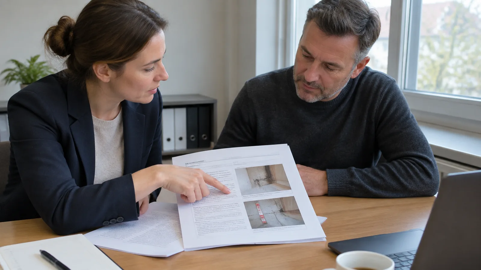 Am Besprechungstisch liegen zwei Schadenberichte mit Fotos nebeneinander, eine Hand vergleicht die Positionen