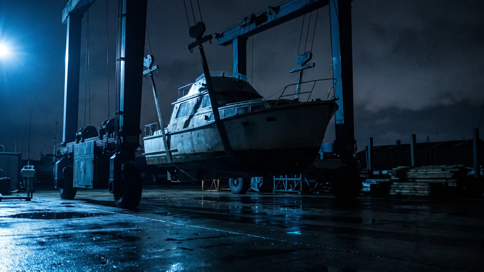 Ein Motorboot hängt am Abend in den Gurten eines Krans über dem Hof eines Yachthafens