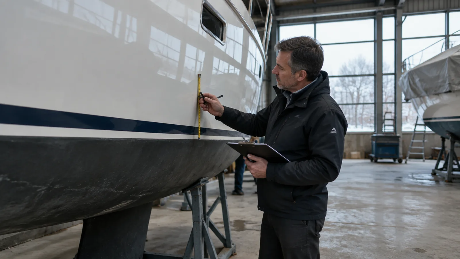 Ein Sachverständiger notiert am Kran die Maße und den Zustand einer aufgeslippten Yacht