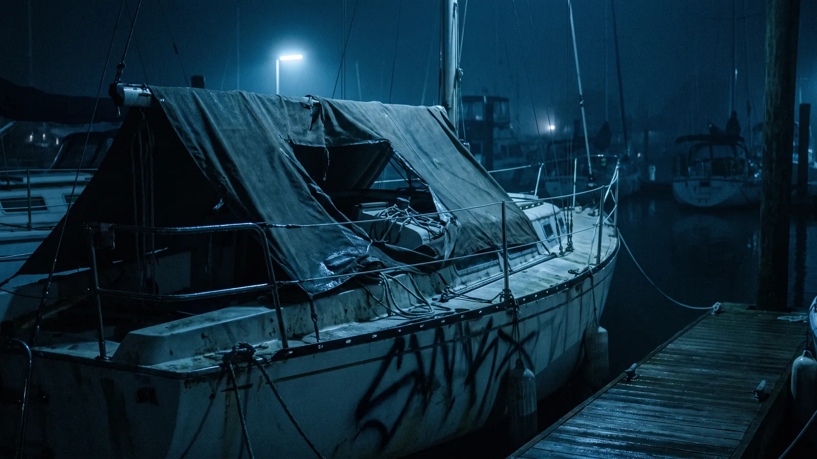 Aufgeschlitzte Persenning und Farbspuren am Rumpf in einem nächtlichen Hafen