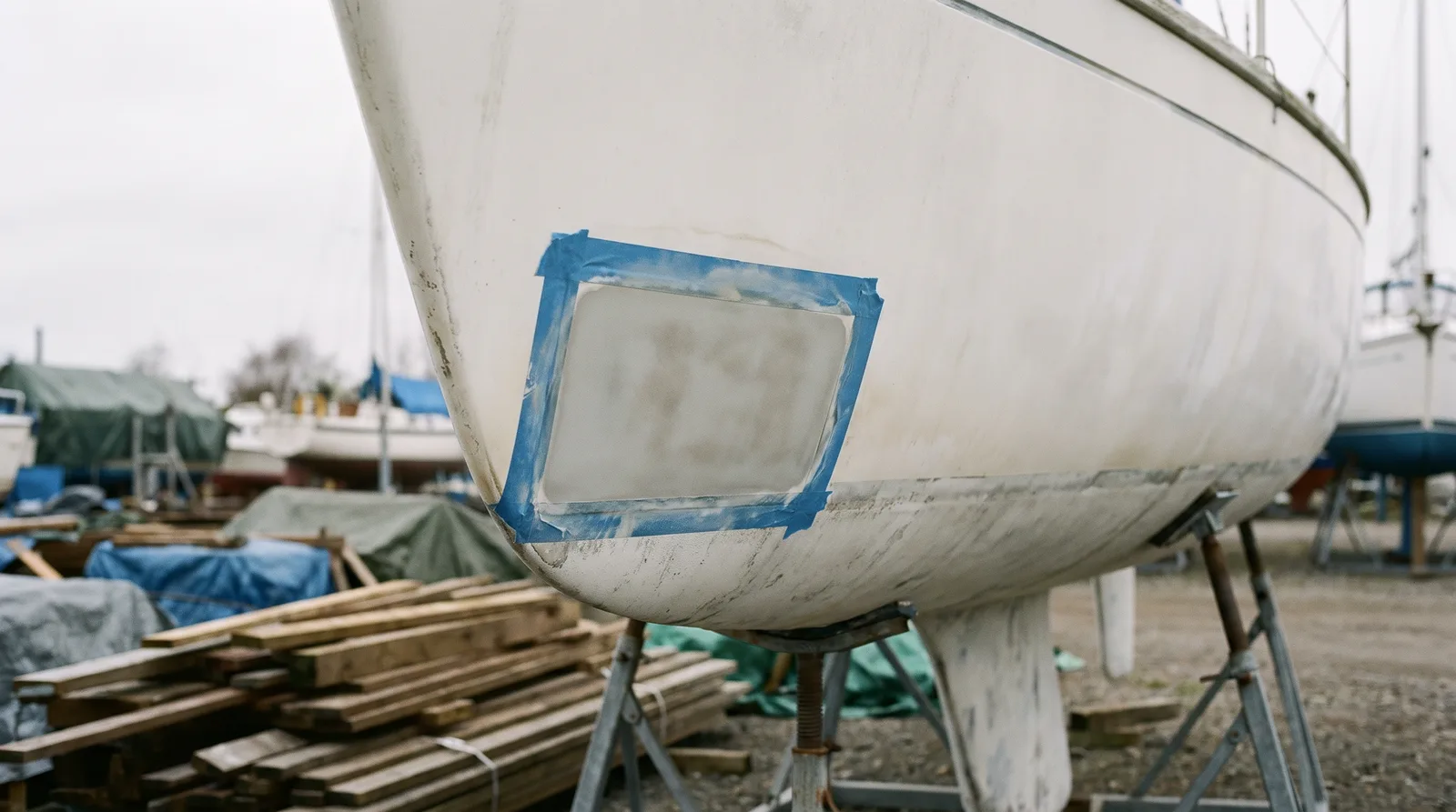 Reparierte Stelle am weißen Rumpf einer Segelyacht auf dem Werftgelände