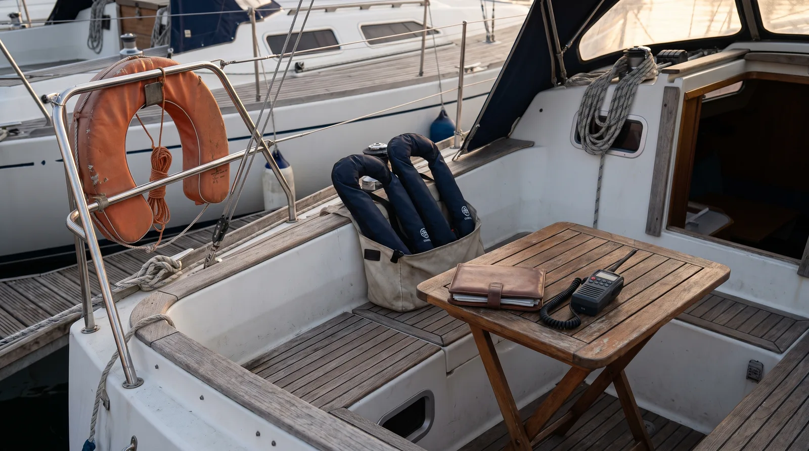 Cockpit einer gepflegten Segelyacht mit Rettungsring, Rettungswesten und Funkgerät