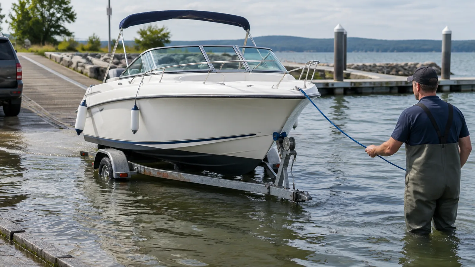 Boot auf dem Trailer wird an einer Rampe zu Wasser gelassen, ein Mann in Wathose hält die Leine