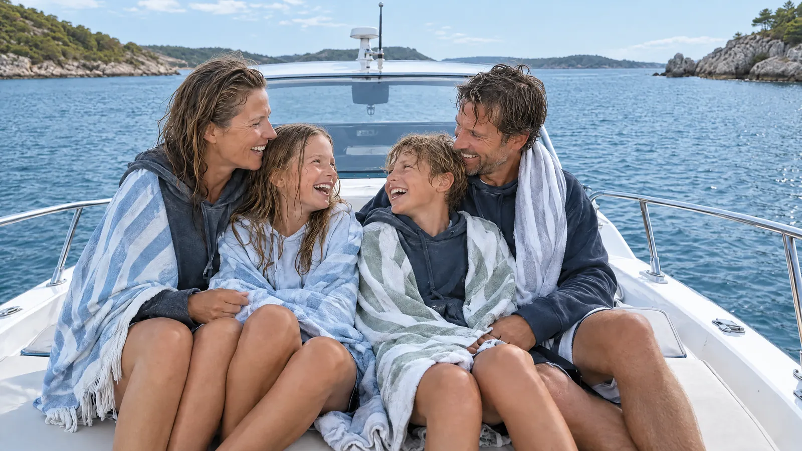 Eine Familie sitzt nach dem Baden in Handtücher gewickelt auf dem Vorschiff und lacht, die Sonne sinkt