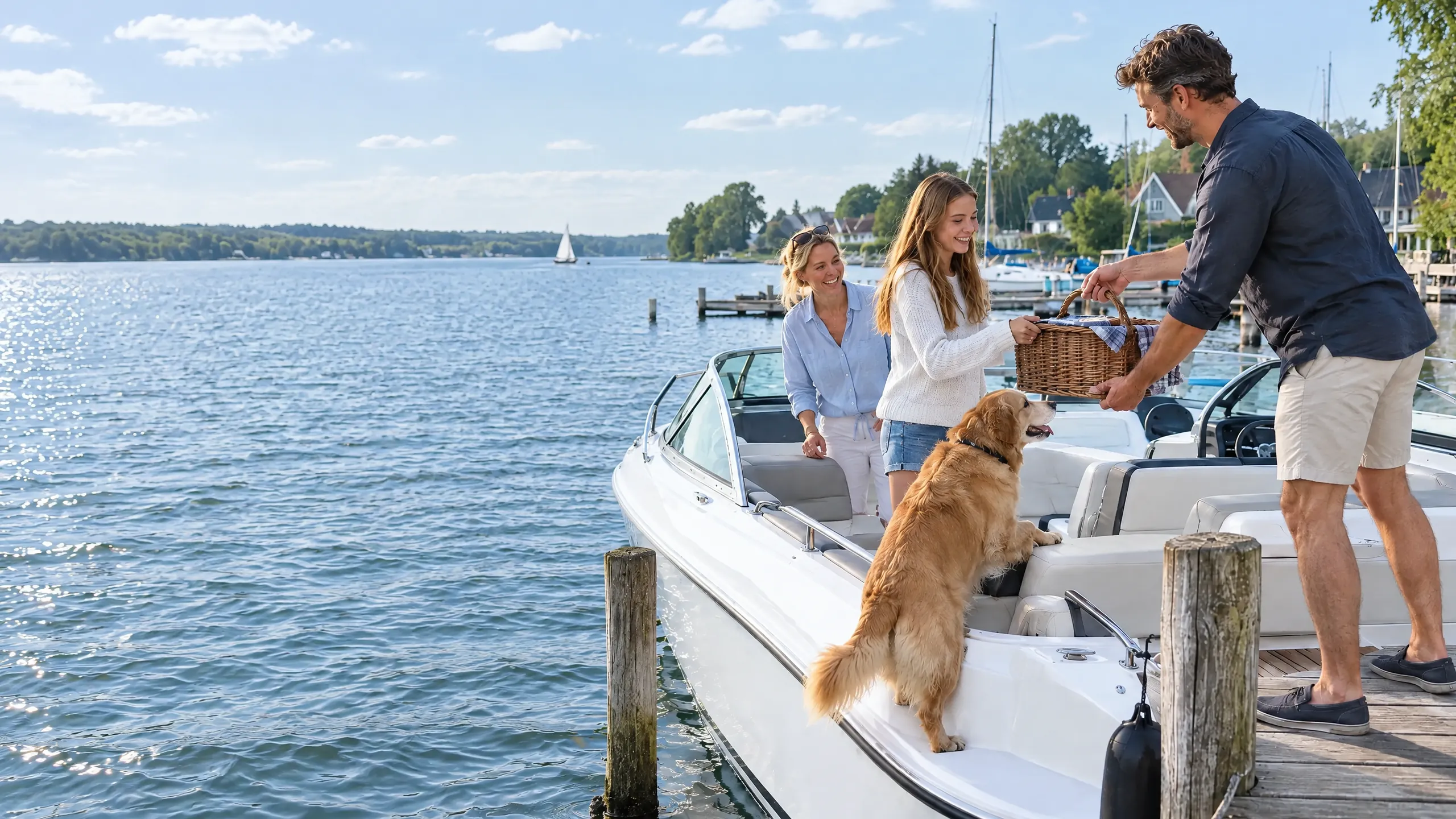 Ein Vater reicht seiner Tochter am Steg den Jausenkorb ins Motorboot, der Golden Retriever klettert an Bord