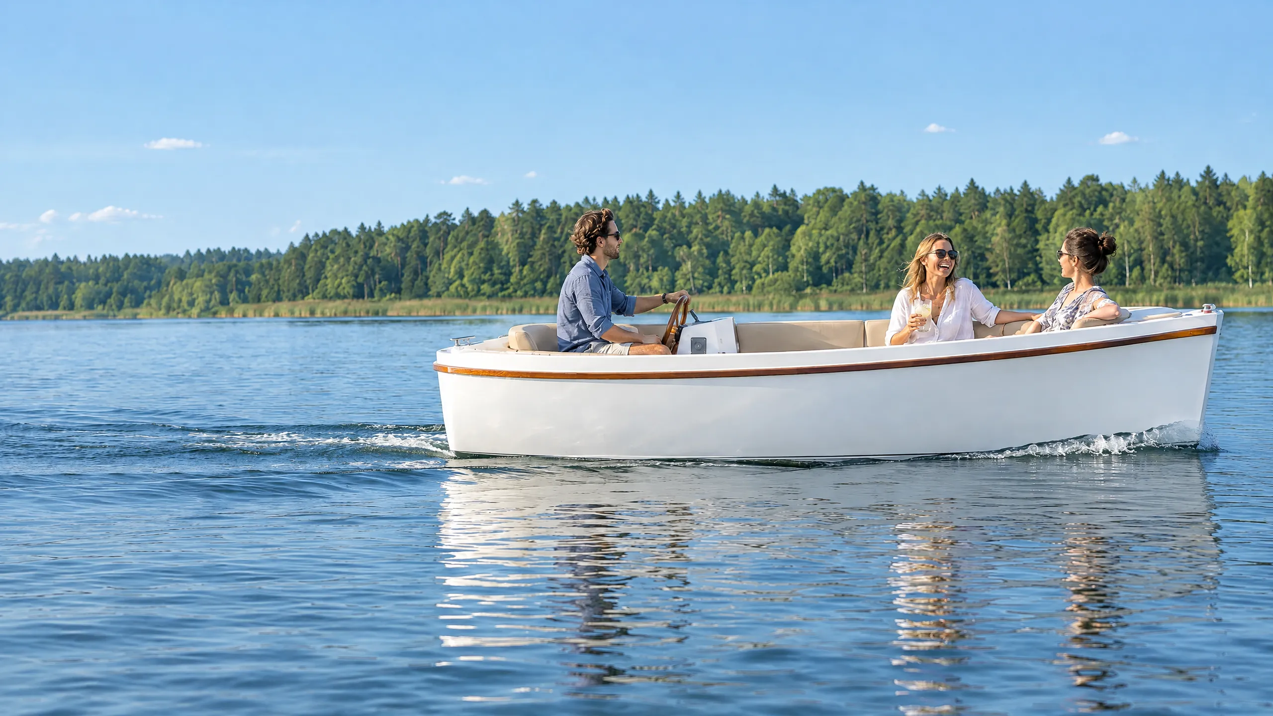 Drei Freunde gleiten in einer weißen Elektro-Sloep über einen See am Waldrand, eine Frau lacht mit einem Glas Limo