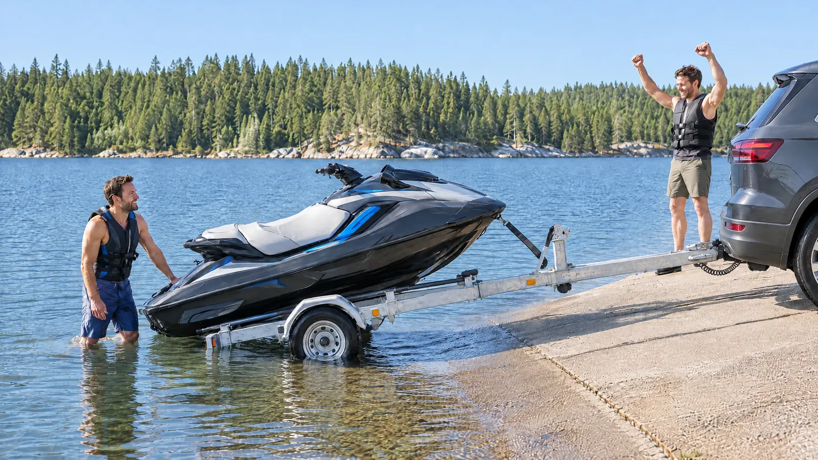 Am See hält einer das Jetski am Anhänger, der am Auto hängt, und sein Freund jubelt oben auf der Slipanlage
