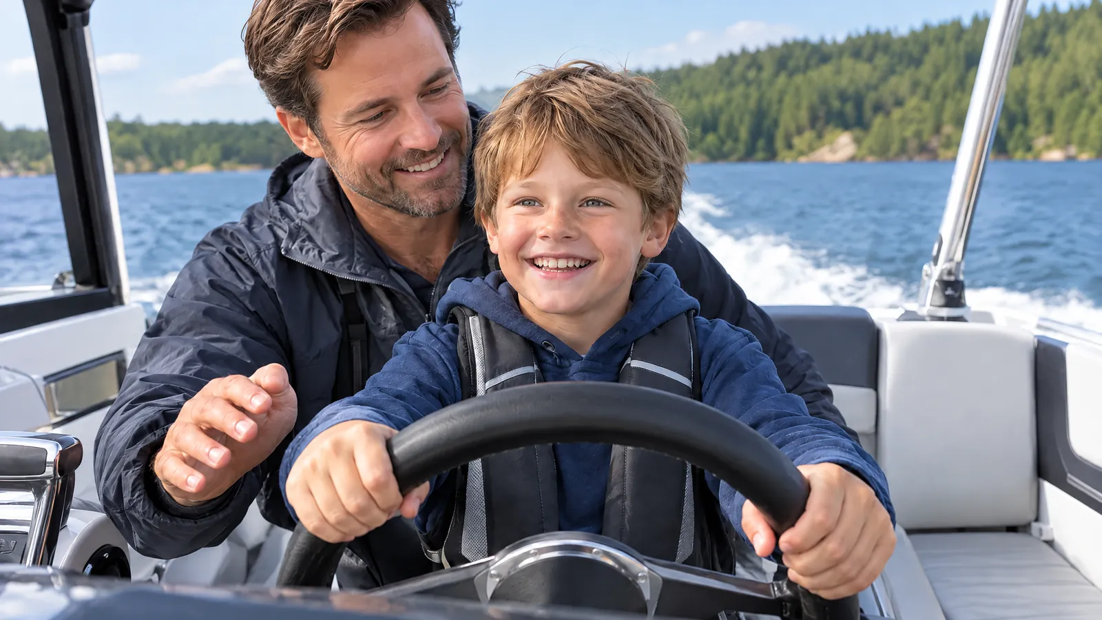 Ein Vater lässt seinen Sohn das Motorboot steuern, der Bub strahlt
