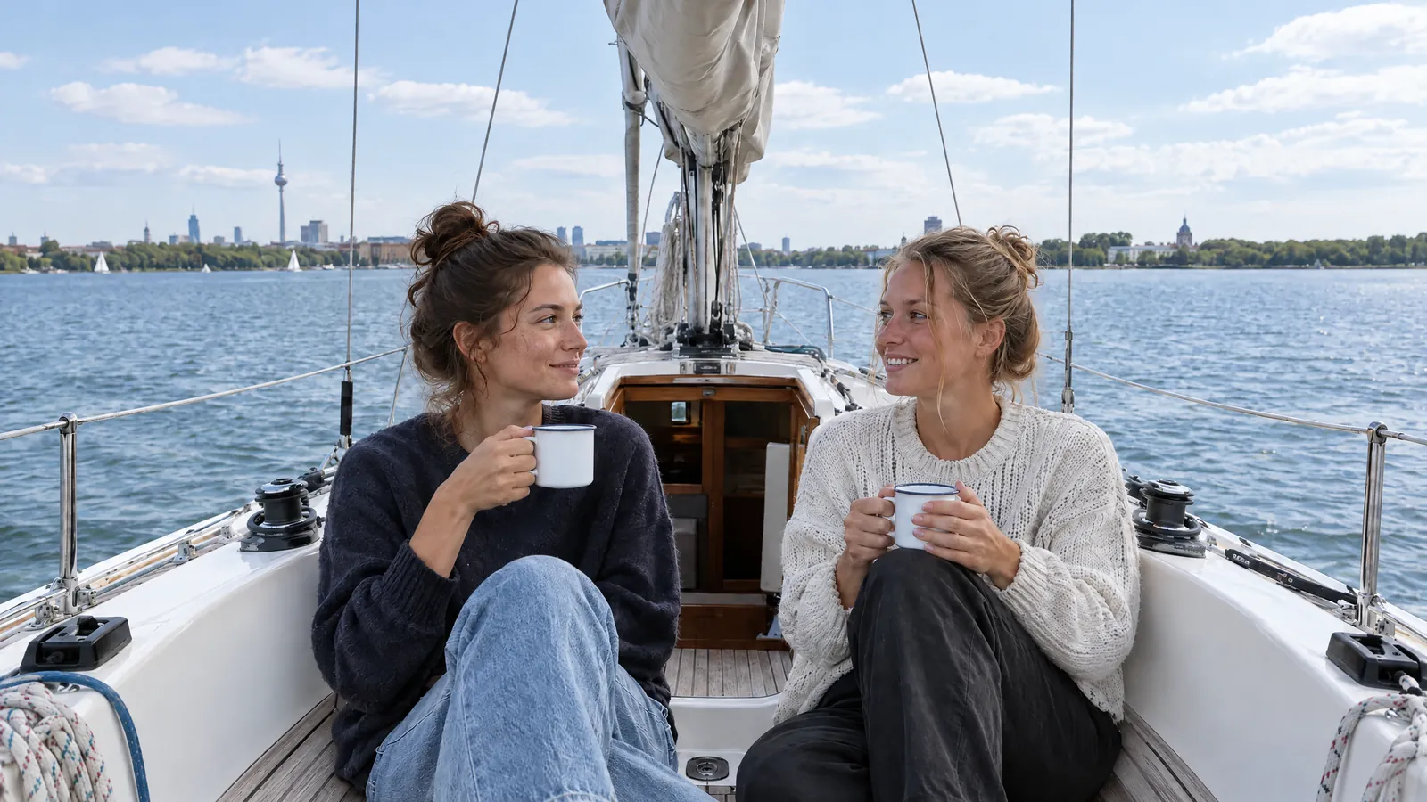 Zwei Freundinnen sitzen mit Häferln an Deck eines Segelboots, hinter ihnen liegt die Stadt am Ufer in der Sonne