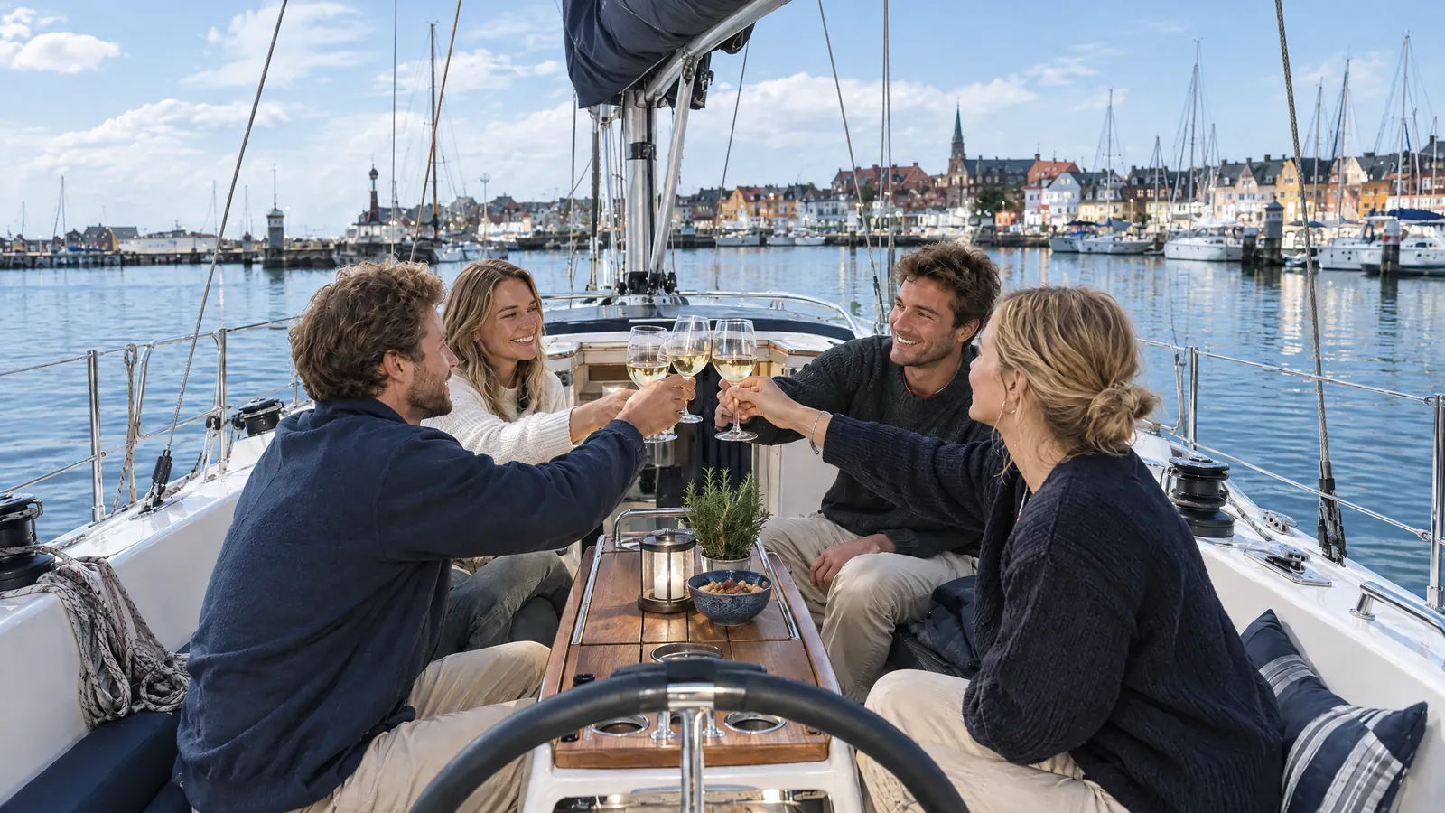 Vier Freunde stoßen am Abend im Cockpit einer Segelyacht an, hinter ihnen leuchtet der Hafen
