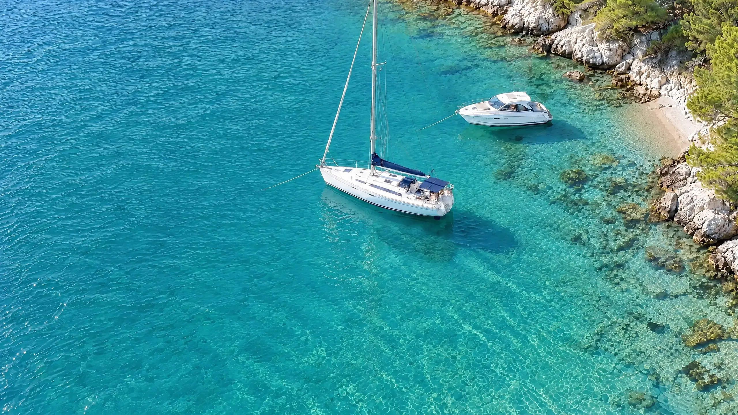 Türkise Bucht von oben: Segeljacht und Motorboot liegen vor Anker im glasklaren Wasser