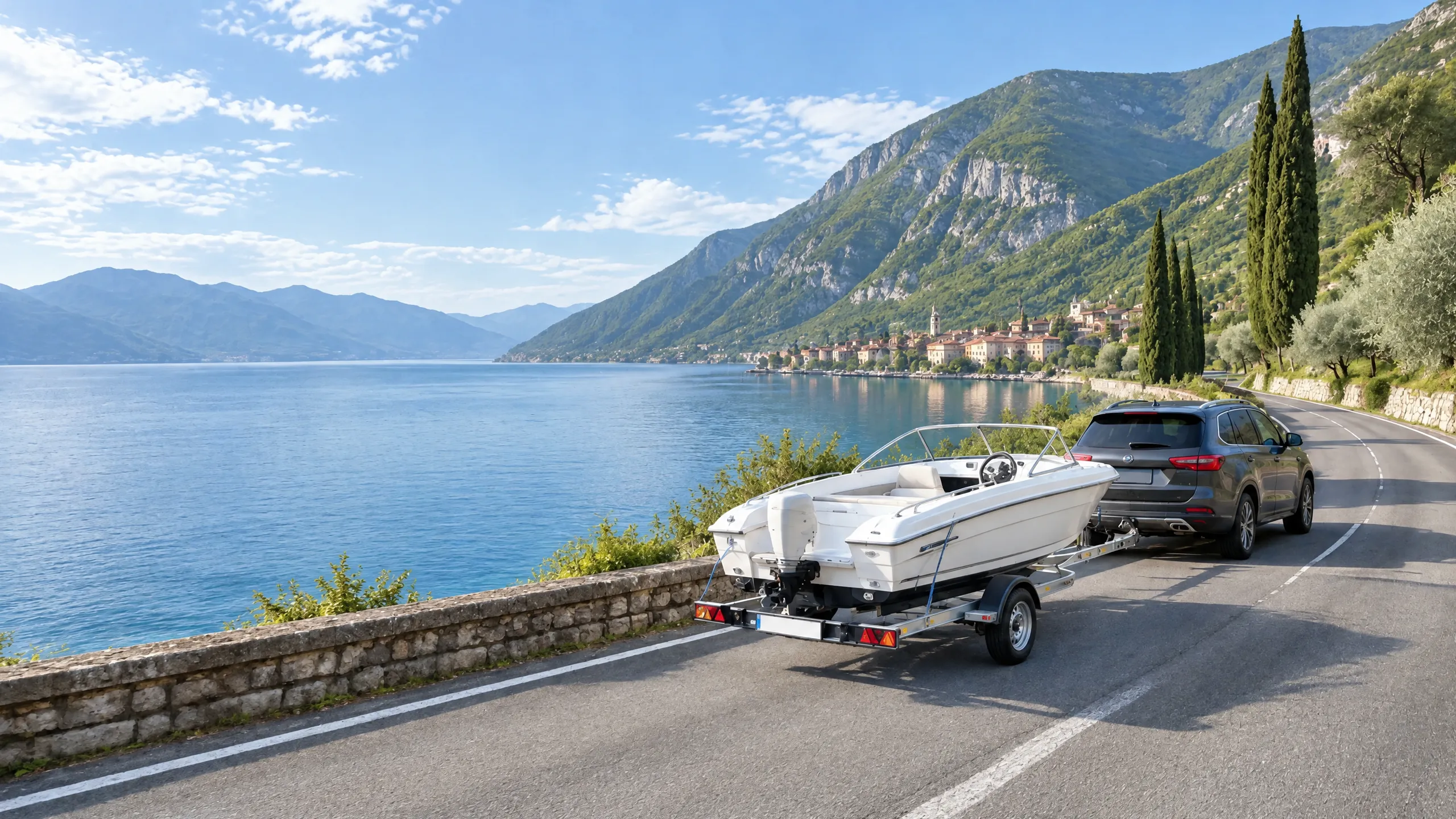 Am Vormittag am Bergsee: Ein grauer SUV zieht ein weißes Sportboot am Anhänger die Uferstraße entlang, Zypressen am Hang