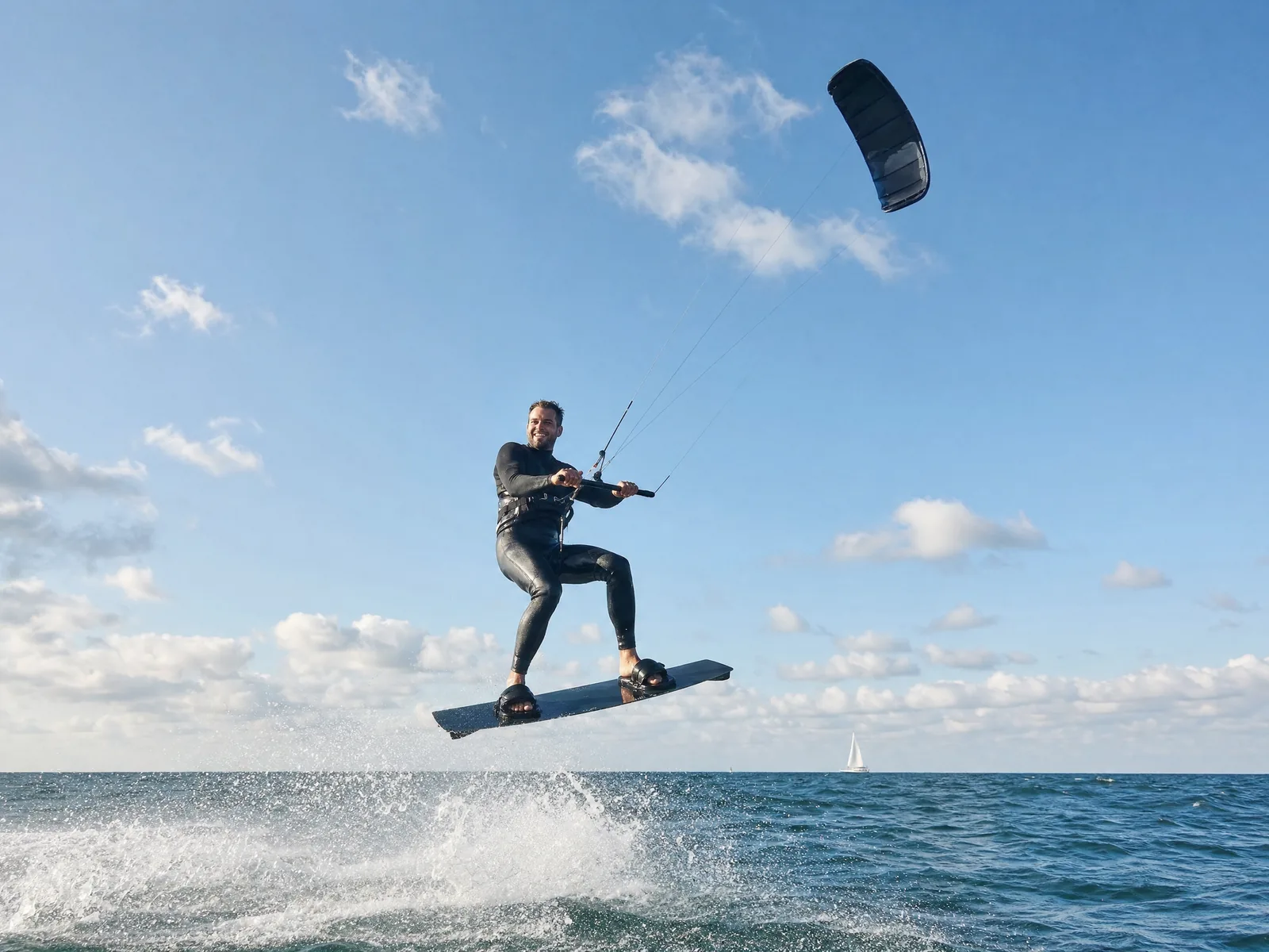 Ein Kitesurfer im Neoprenanzug springt mit dem Brett hoch über das Wasser, oben der Schirm, unten spritzt die Gischt