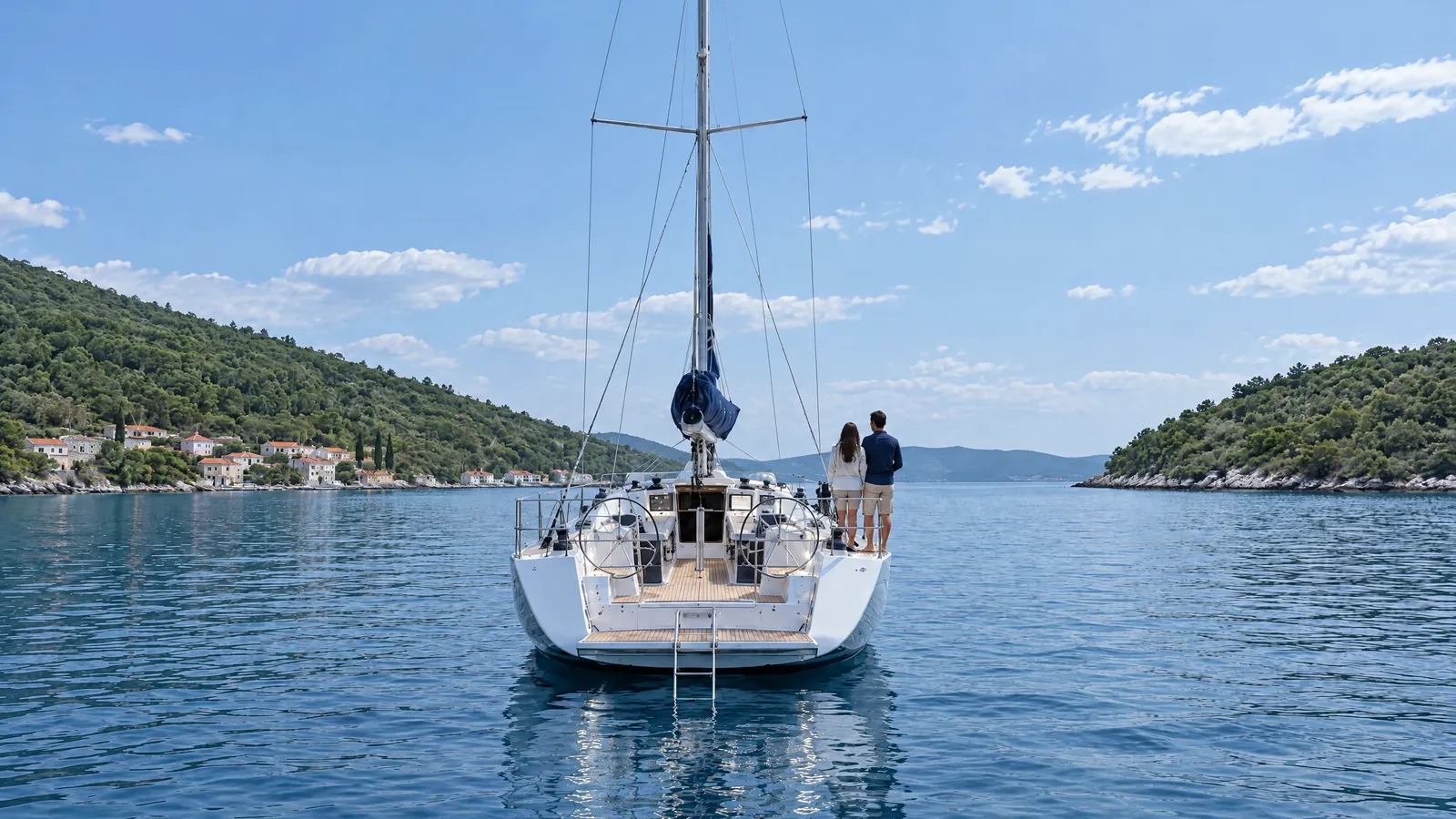Segelyacht mit beleuchtetem Cockpit liegt abends vor Anker in einer Bucht, ein Paar am Heck schaut ins Abendrot
