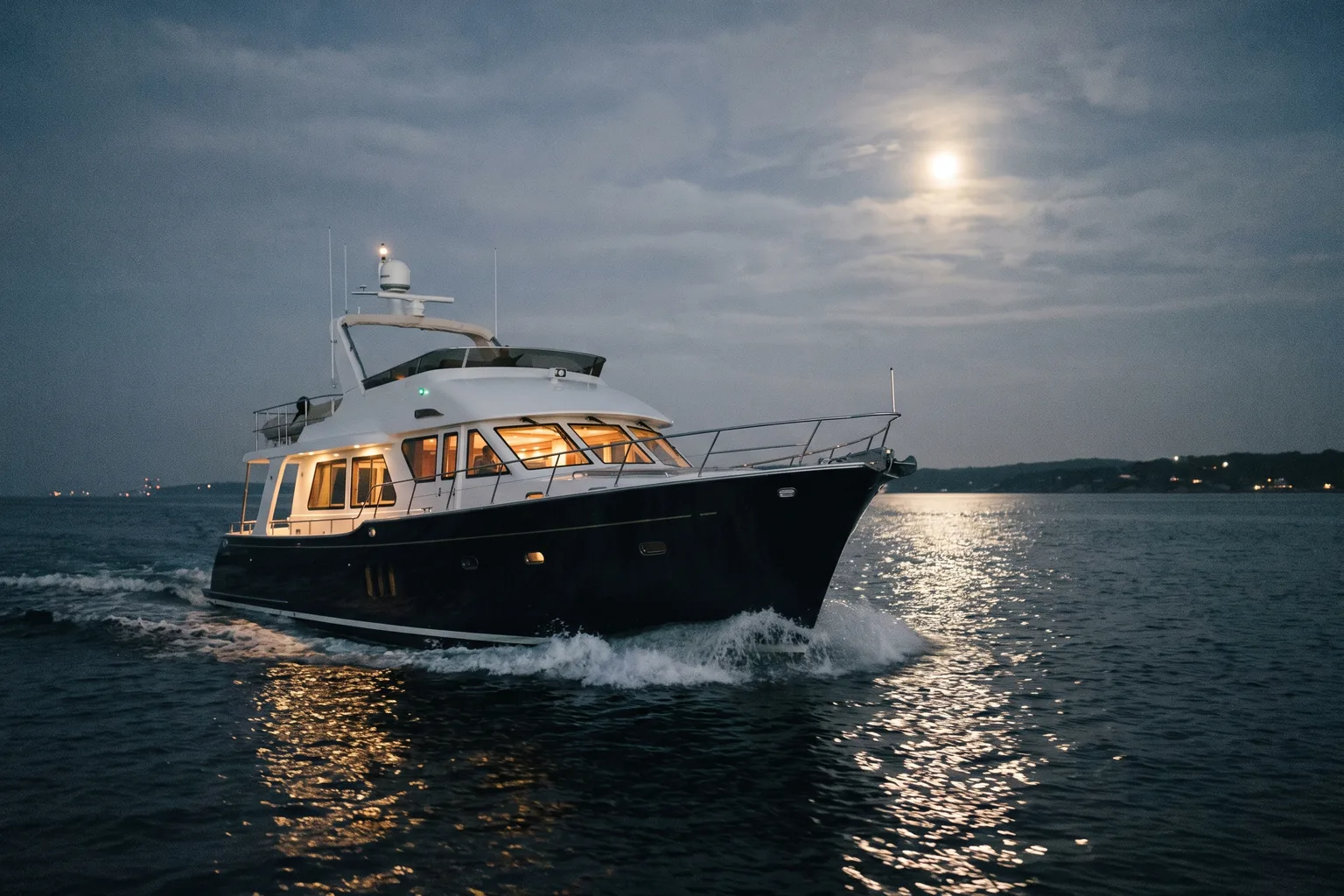 Motoryacht im Mondlicht in Fahrt