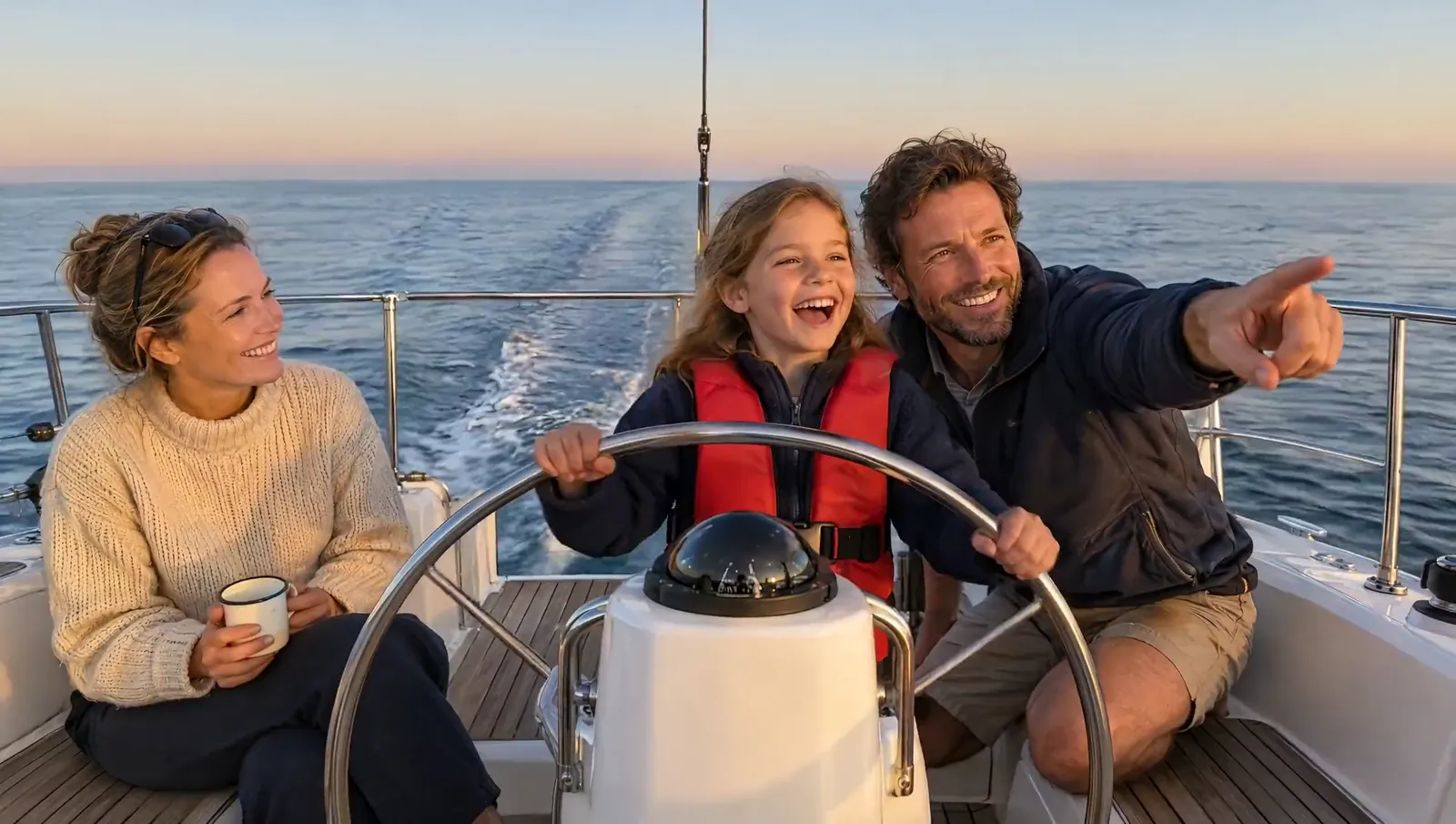 Ein Mädchen steuert die Segelyacht, der Vater zeigt voraus, die Mutter lacht, alles im Abendlicht