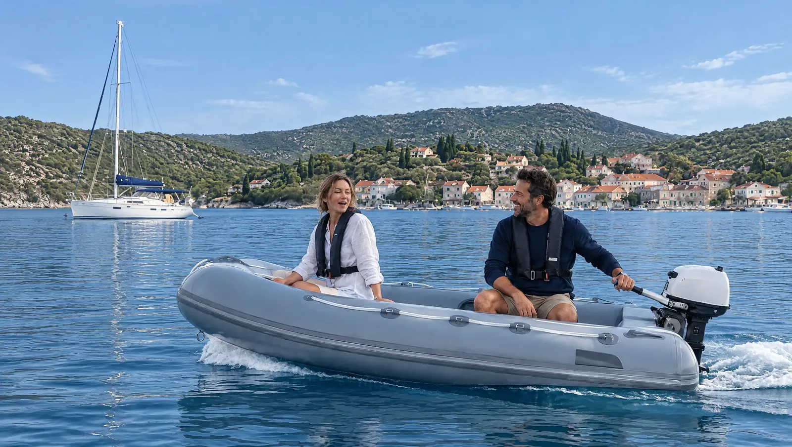 Ein Paar lacht im Beiboot, er lenkt mit der Pinne am Außenborder, hinten eine Segelyacht vor Anker und ein Ort