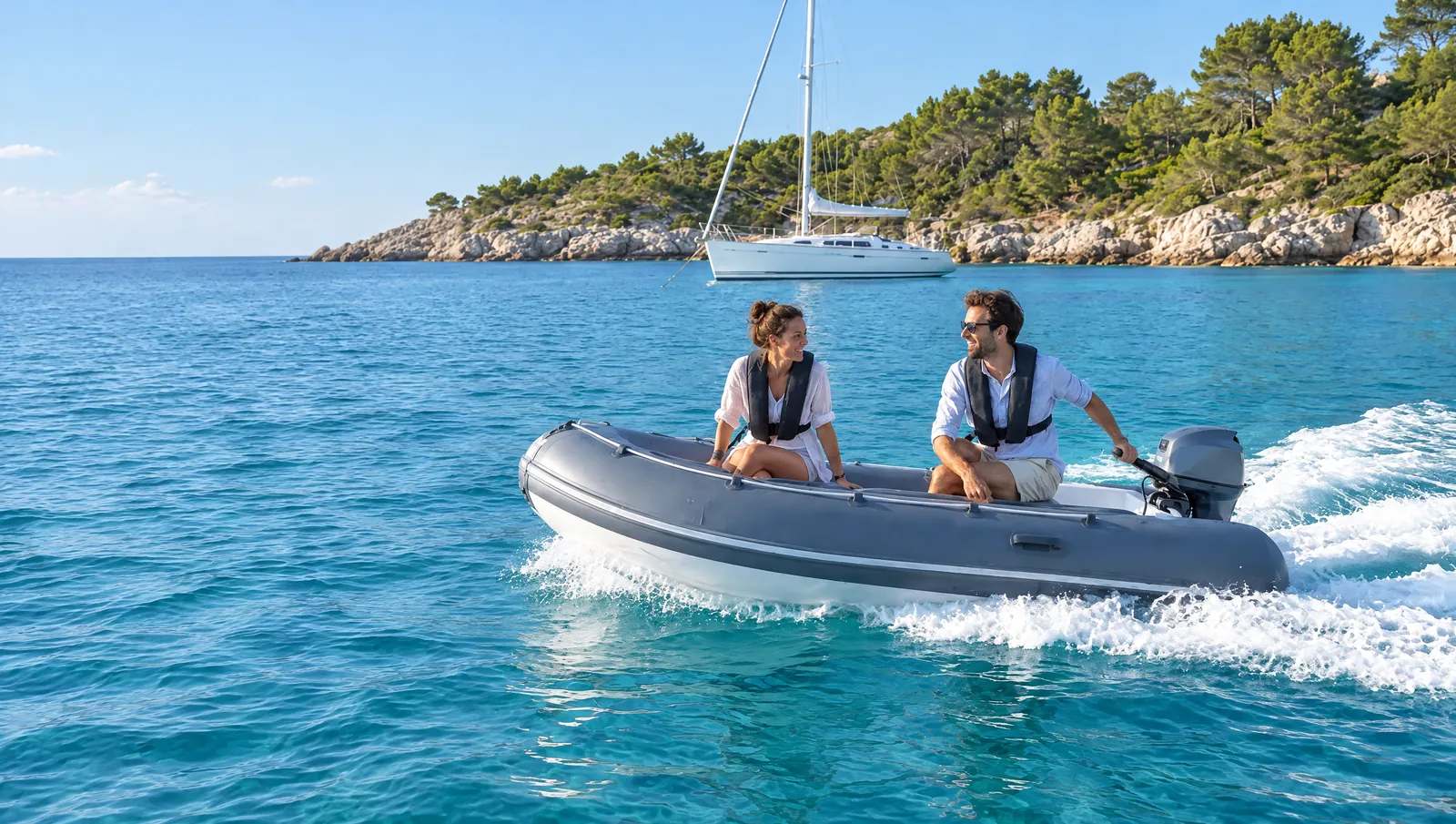 Ein Paar lacht im grauen Schlauchboot mit Außenborder auf türkisem Wasser, hinten liegt eine Segelyacht vor Anker