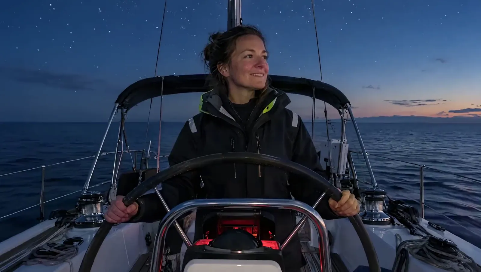 Eine Seglerin im Ölzeug steuert nachts eine Yacht über das offene Meer, am Horizont das letzte Abendlicht