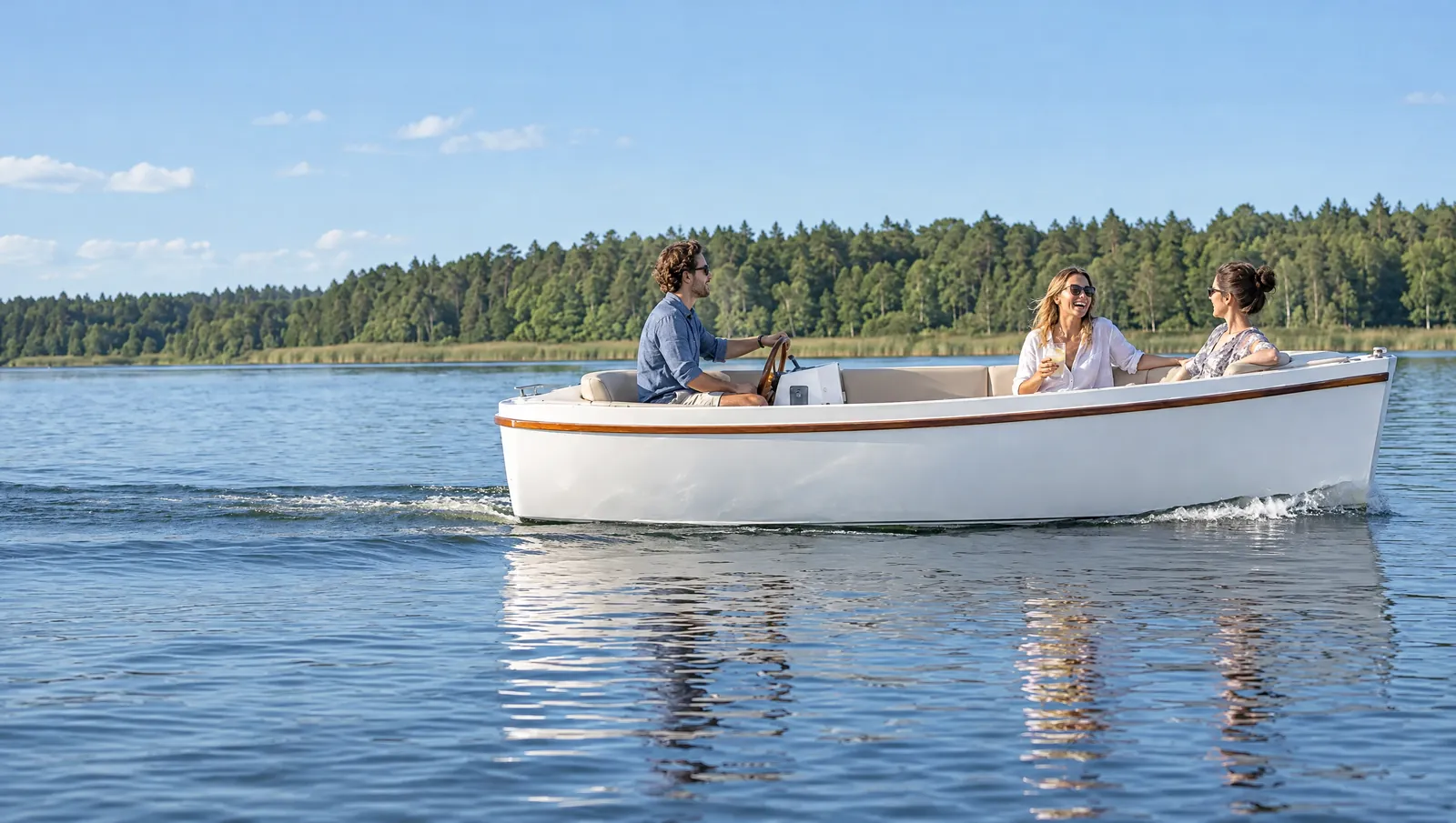 Drei Freunde gleiten in einer weißen Elektro-Sloep über einen See am Waldrand, eine Frau lacht mit einem Glas Limo