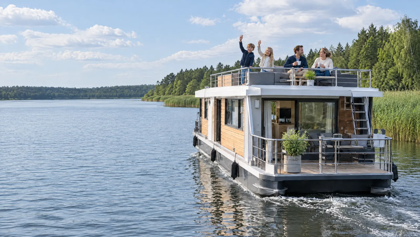 Kinder winken vom Dachdeck eines Hausboots, die Eltern lachen, das Boot gleitet im Sonnenlicht über einen Waldsee